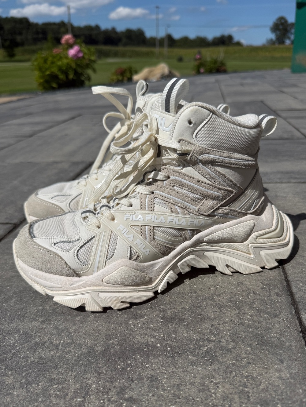 Fila Cream/Tan Lace-Up High-Top Chunky Sole Sneakers